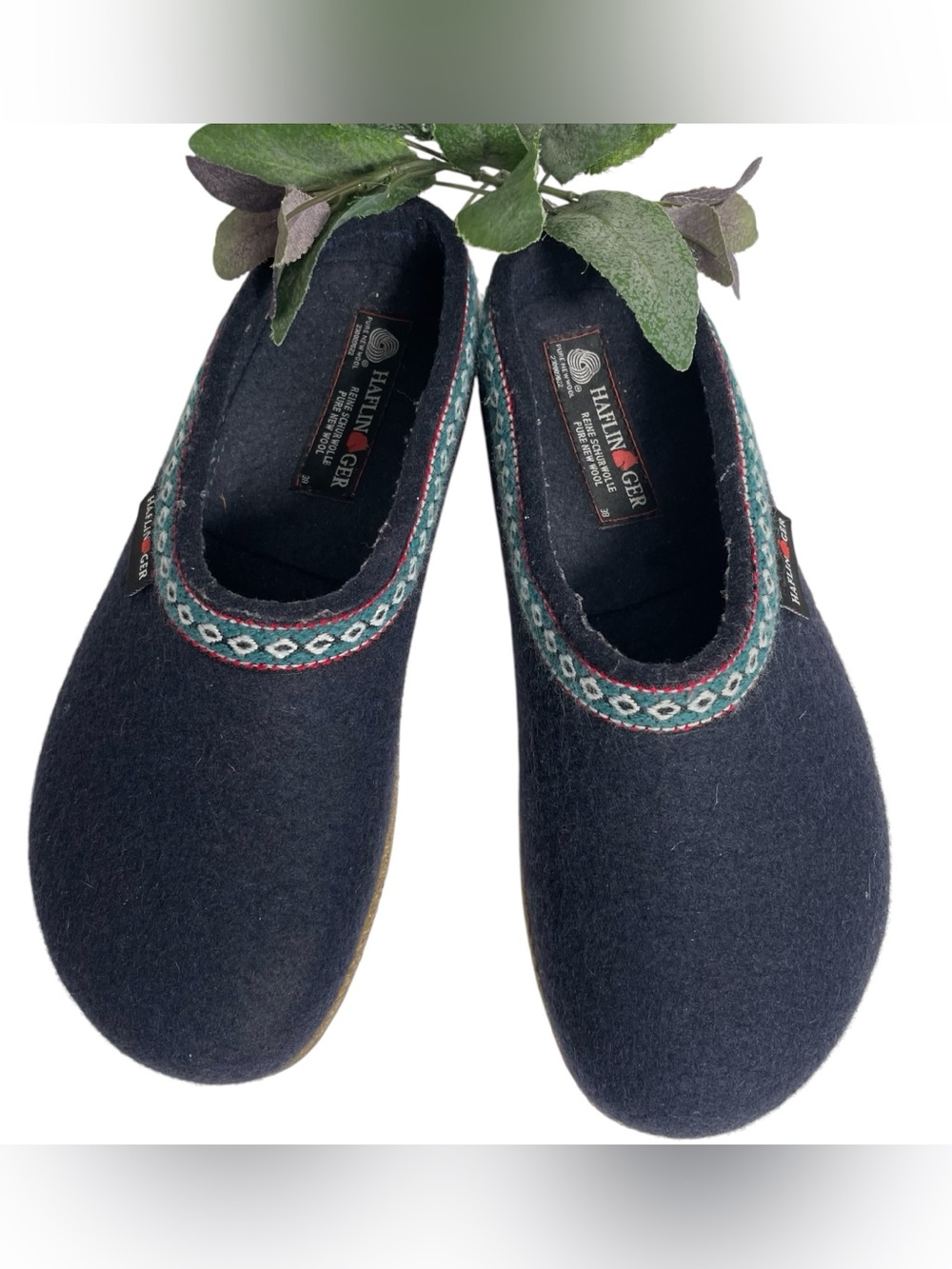 Haflinger Womens Grizzly Zig Zag Navy Blue Wool Clogs Slippers EU 38 / US 7